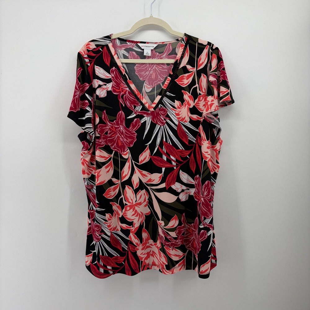 Liz Claiborne Womens XL Black Red Floral V-Neck Short Sleeve Lace Trim Blouse
